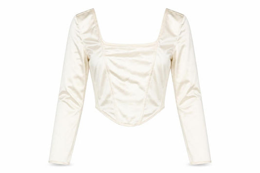 Front view of Divided by H&M women’s ivory viscose cropped blouse, size S, square neck