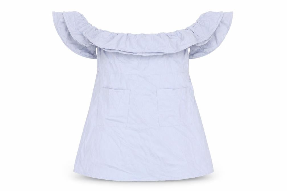 Front view of ASOS women’s blue 100% cotton a-line, size UK 10, off the shoulder zip