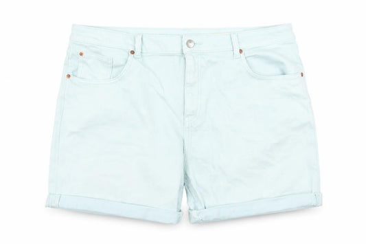 Front view of Marks & Spencer women’s blue cotton boyfriend shorts size 2xs regular zip