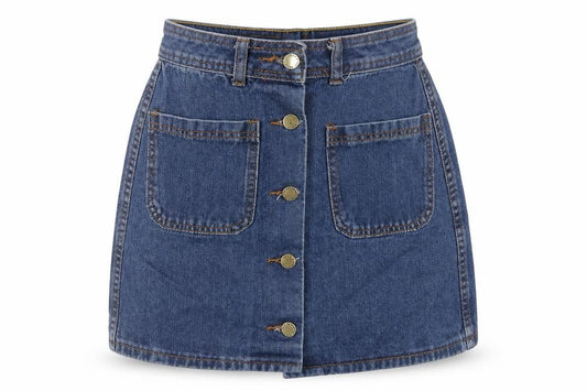 Front view of Falmer Heritage women’s blue cotton mini skirt, size M, button