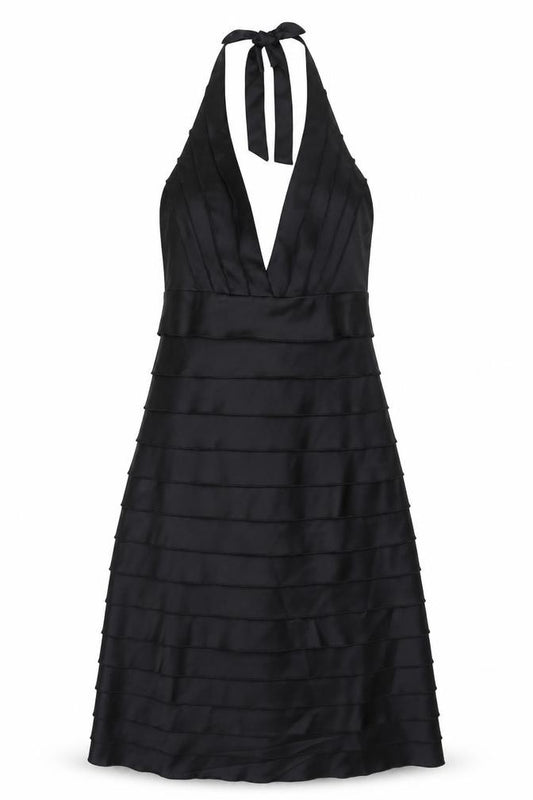 Front view of Todays Woman women’s black polyester a-line, size UK 8, halter zip