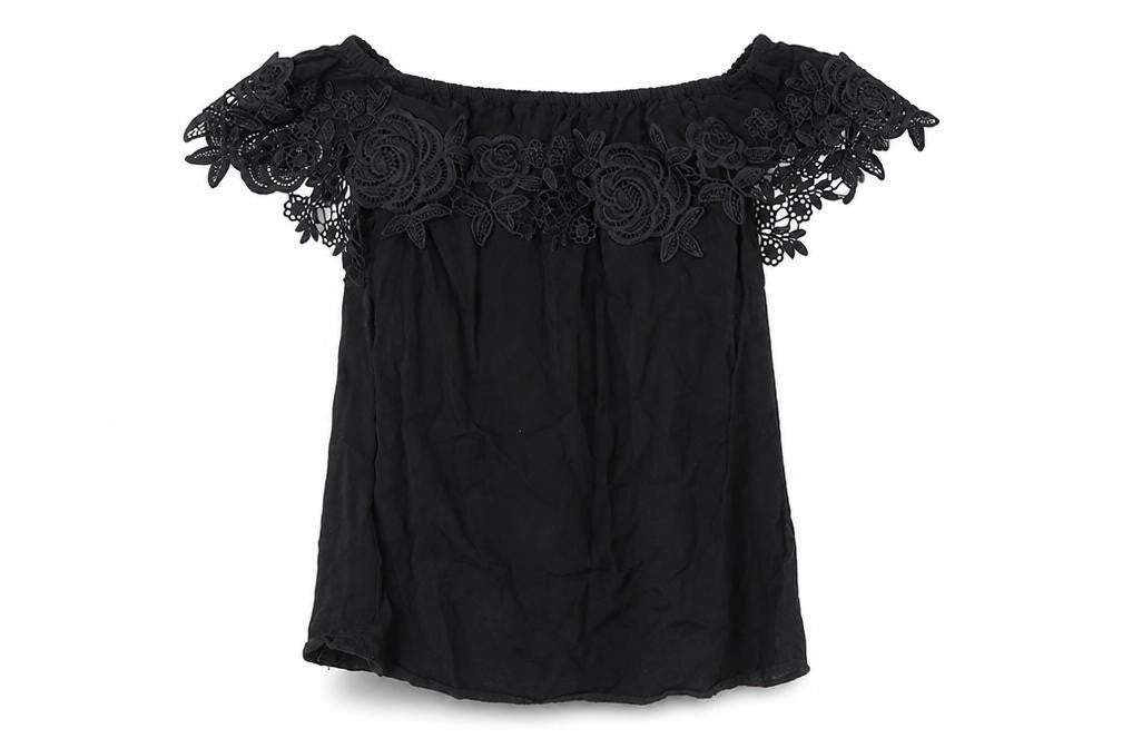 Oasis Womens Black Viscose Basic T-Shirt Size 8 Off the Shoulder - Lace Detail