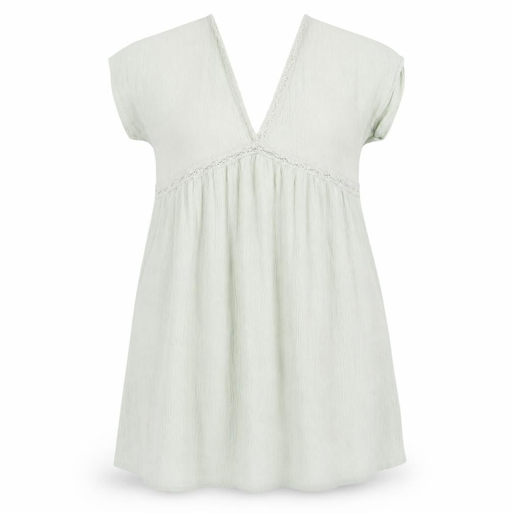 Front view of ASOS women’s green polyester shift, size UK 16, v-neck pullover - lace trim