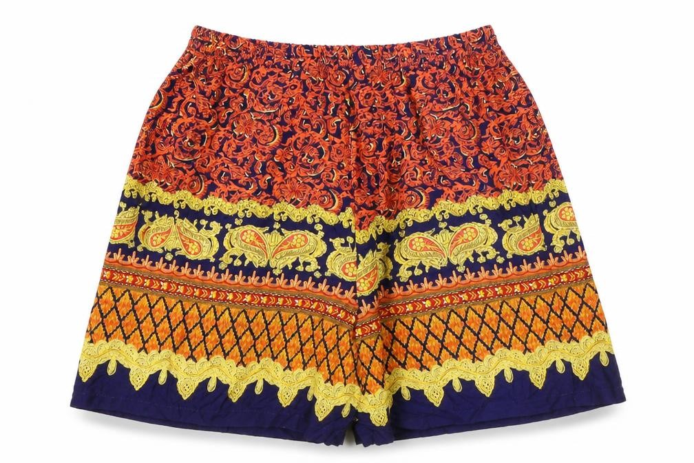 Front view of Preworn women’s multicoloured geometric polyester sailor shorts, size UK 28, in regular pull on