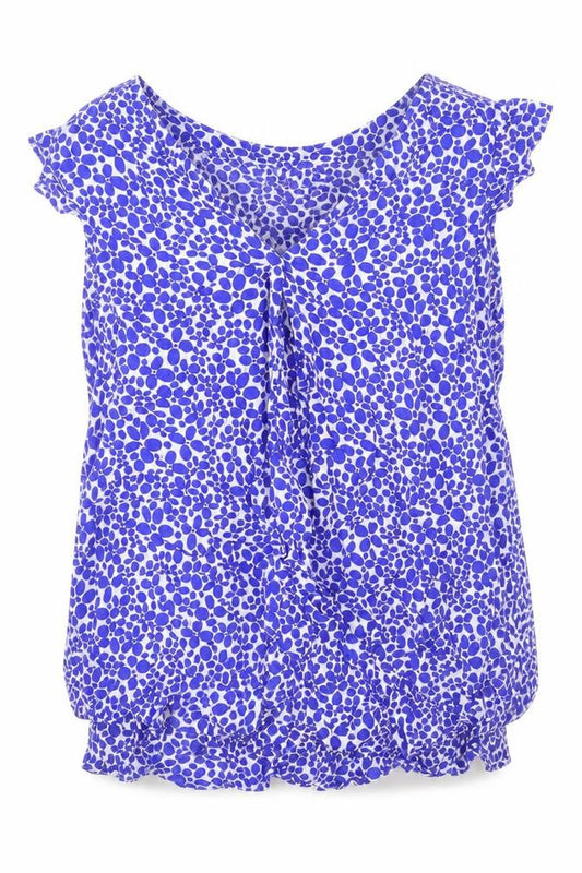 Front view of LITTLE MISS CAPTAIN women’s blue geometric viscose basic blouse, size XS, v-neck