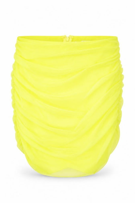 Front view of Oh Polly women’s yellow polyester bandage skirt, size UK 12, zip