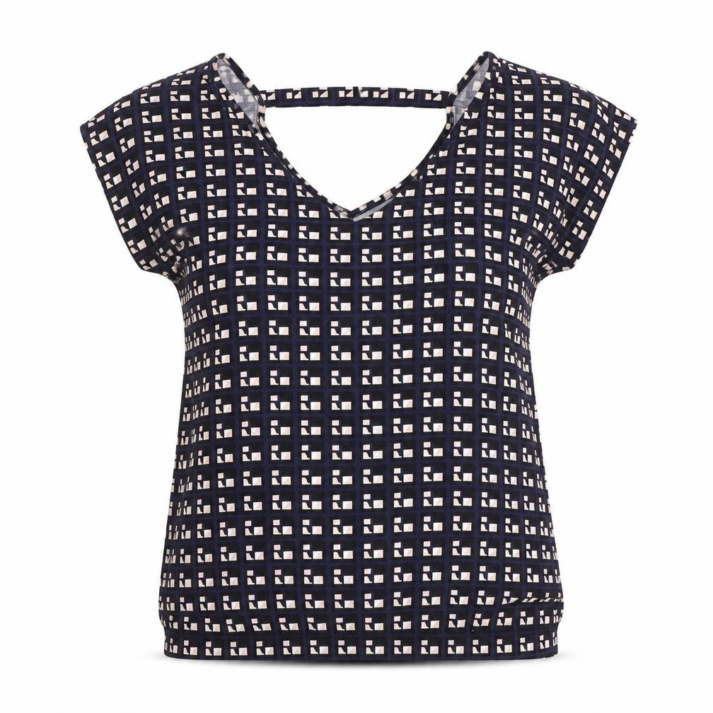 Front view of Blue Chameleon women’s blue geometric viscose basic t-shirt, size M, v-neck