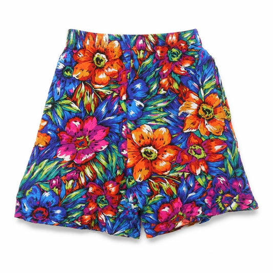 Front view of Preworn women’s multicoloured floral viscose bermuda shorts, size UK 27, in regular zip