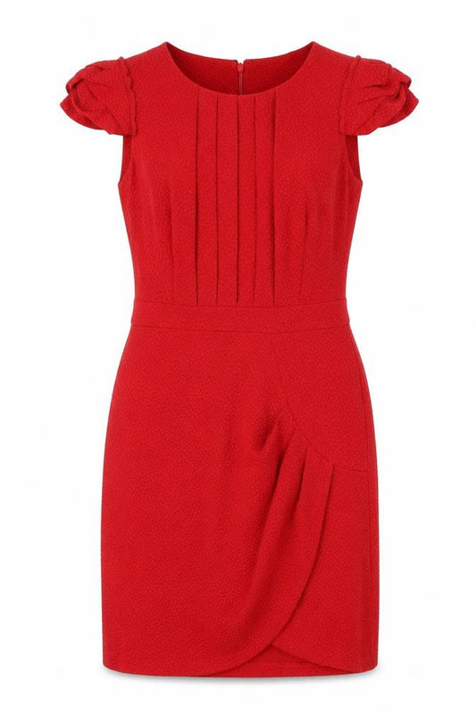 Front view of fever occasion women’s red geometric polyester sheath, size UK 10, round neck zip