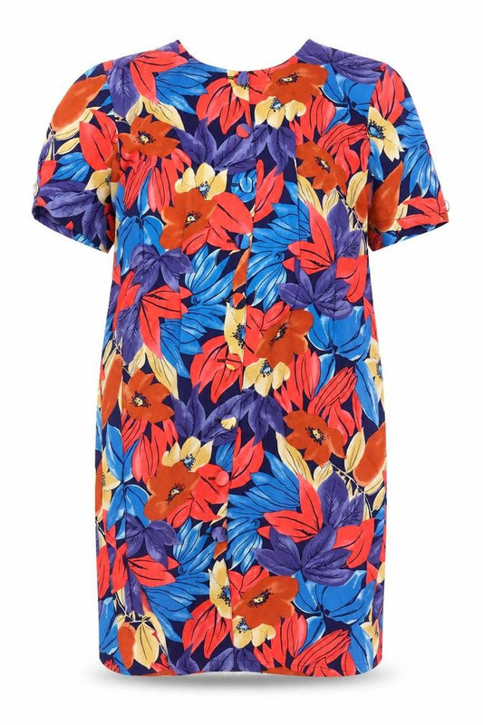 Front view of Tess women’s multicoloured floral polyester shift, size UK 12, round neck button