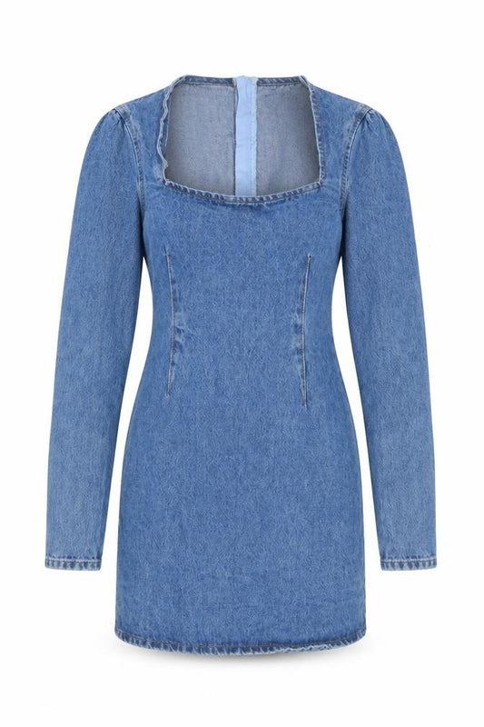 Front view of ASOS women’s blue cotton bodycon, size UK 6, square neck zip