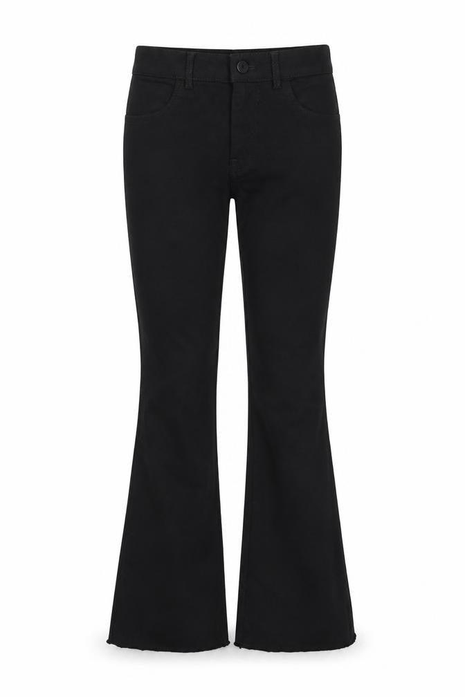Front view of Daxi women’s black cotton flared jeans, size M, 25-inch leg regular button