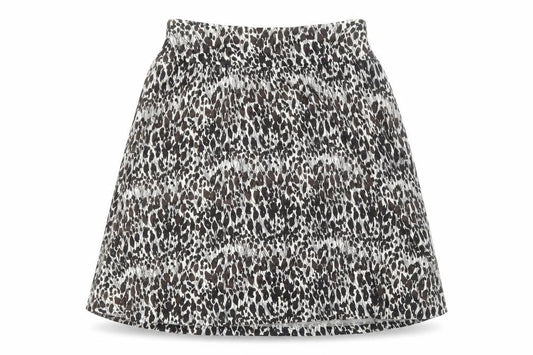 Front view of Ann Taylor women’s brown animal print viscose swing skirt, size M, - leopard pattern