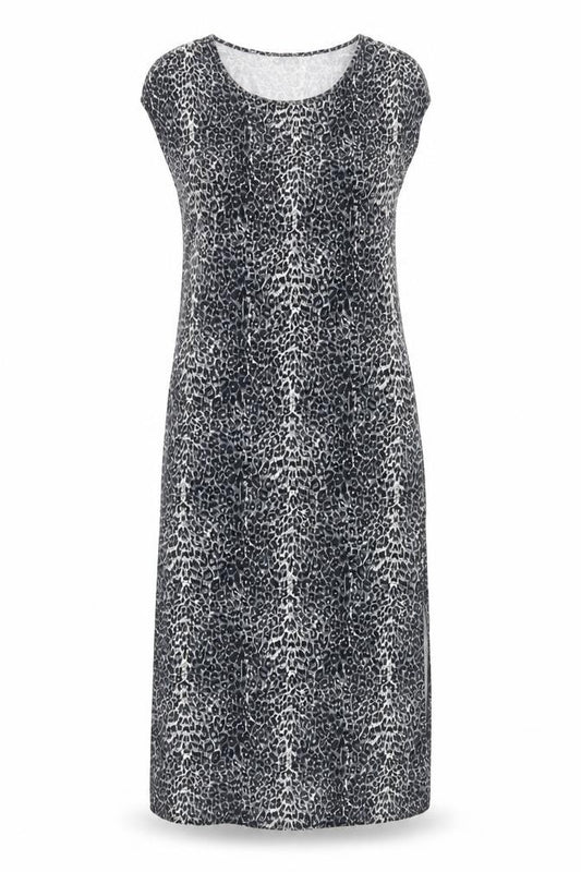 Front view of Oasis women’s grey animal print viscose bodycon, size S, scoop neck pullover - leopard print
