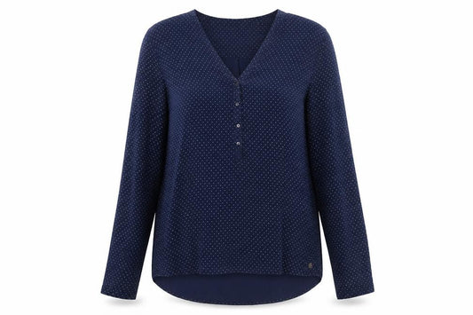 Front view of ESPRIT women’s blue polka dot viscose basic blouse, size UK 10, v-neck
