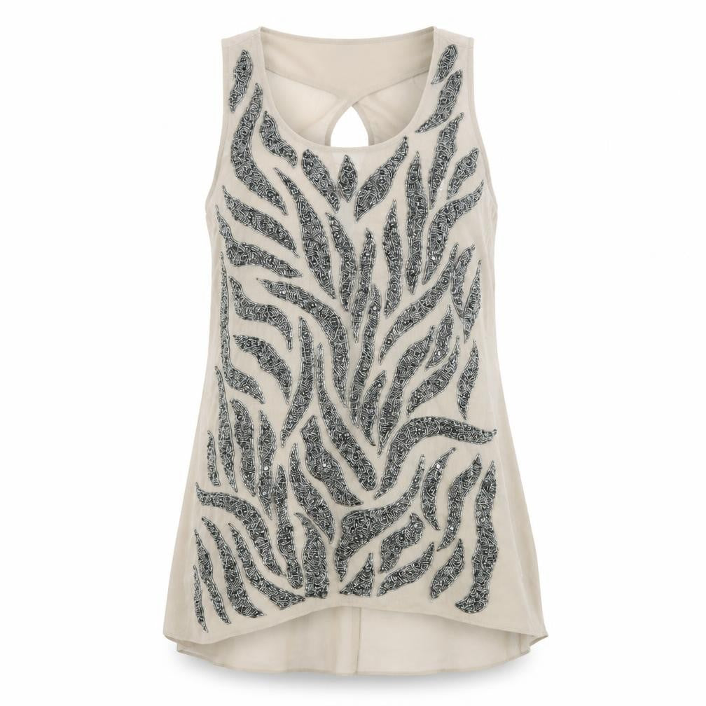 Front view of River Island women’s brown geometric polyester tunic tank, size UK 10, scoop neck