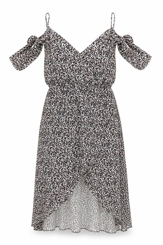 Front view of Oasis women’s multicoloured geometric viscose fit & flare, size UK 8, v-neck pullover