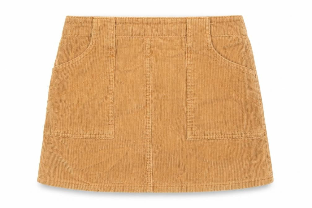Front view of BDG women’s brown cotton mini skirt, size S, zip