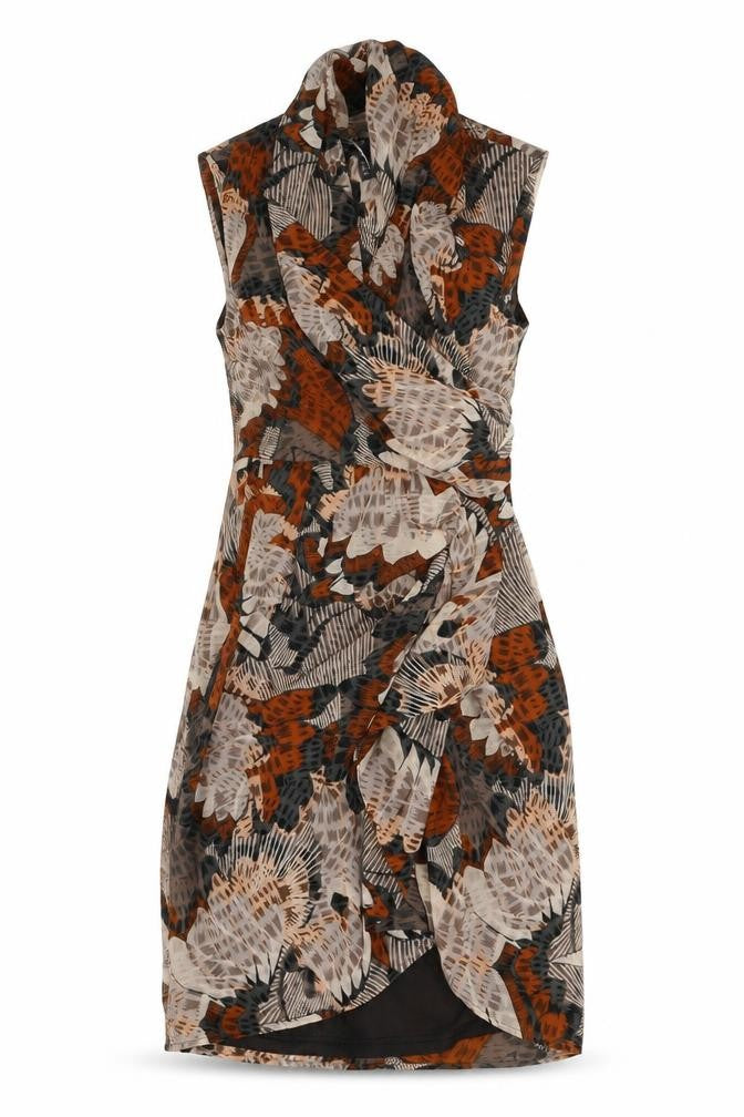 Front view of H&M women’s multicoloured geometric polyester a-line, size UK 4, v-neck zip
