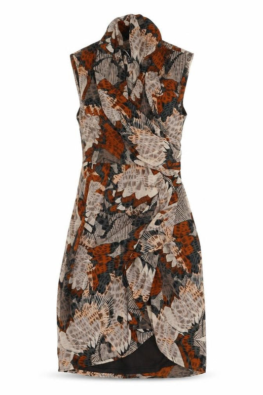 Front view of H&M women’s multicoloured geometric polyester a-line, size UK 4, v-neck zip