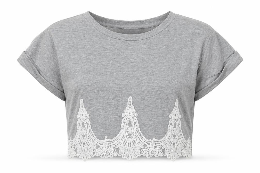 Miss Selfridge Womens Grey Polyester Cropped T-Shirt Size 8 Scoop Neck
