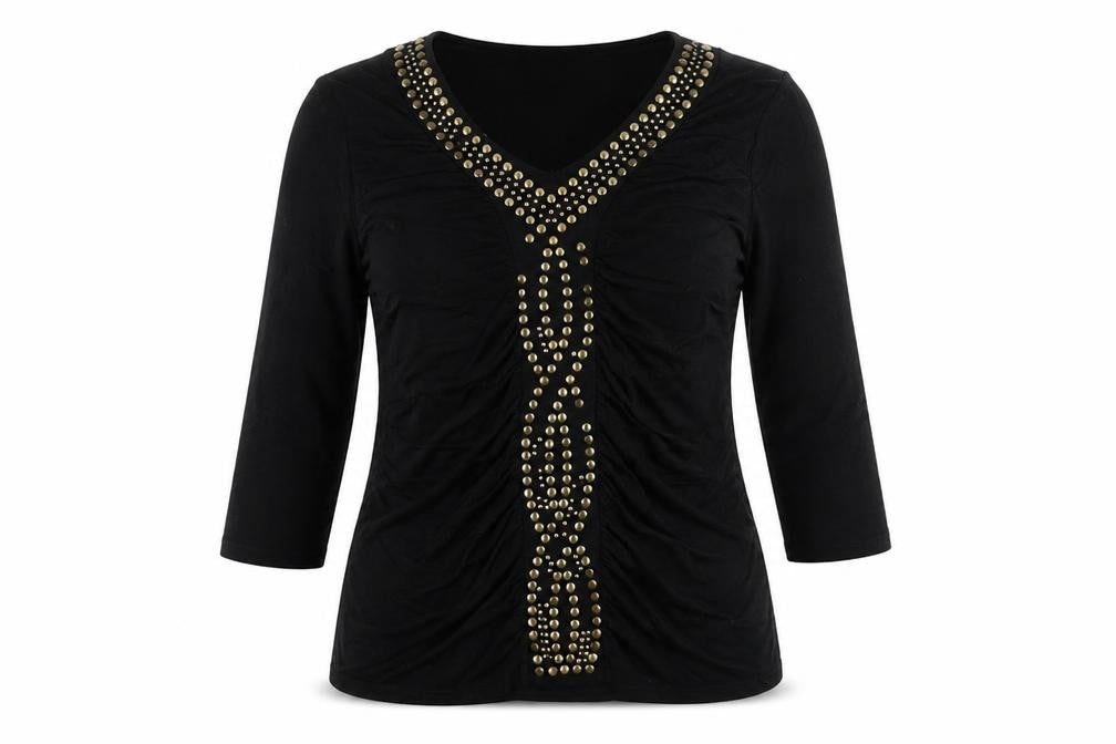 Front view of Colour Works women’s black viscose basic t-shirt, size M, v-neck