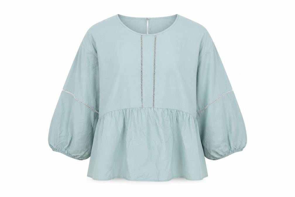 Front view of Marks & Spencer women’s blue cotton basic blouse, size UK 14, round neck