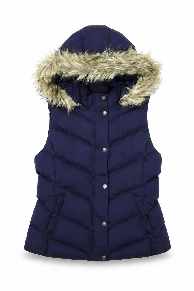 Front view of Gap women’s blue quilted waistcoat, size M, zip