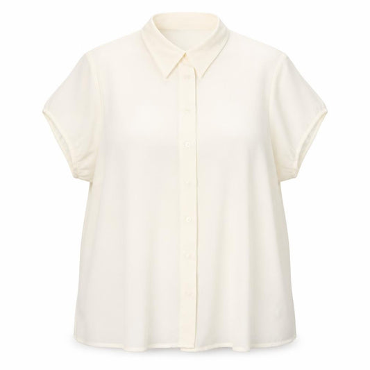 Front view of Essence women’s white viscose basic button-up, size UK 20, collared