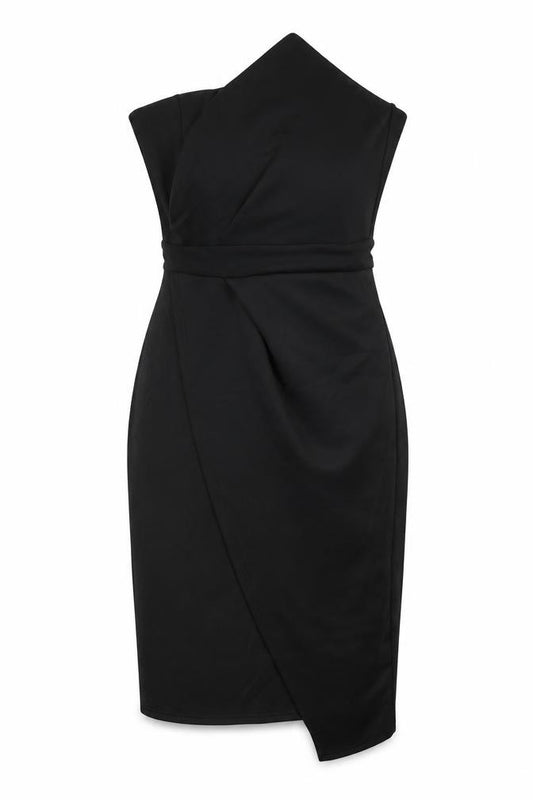 Front view of women’s black cotton shift, size L, off the shoulder zip