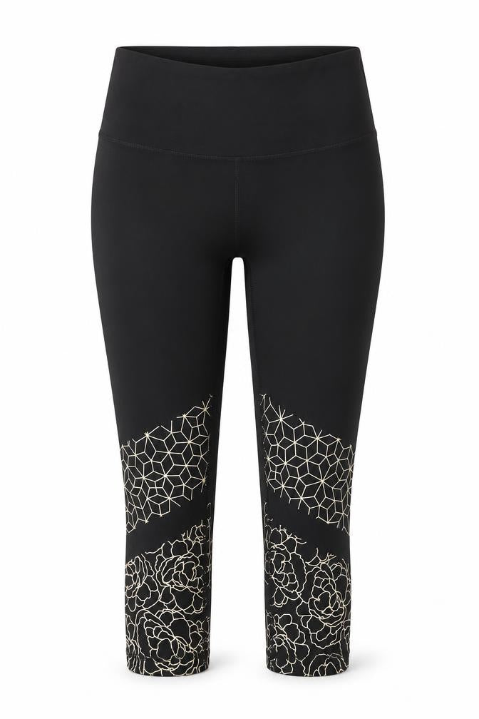 Front view of RBX women’s black geometric polyester cropped leggings, size XS, regular pullover