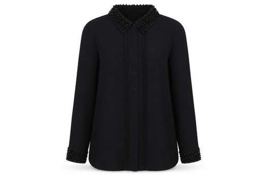 Front view of Wallis women’s black polyester basic button-up, size UK 8, collared - embellished neckline