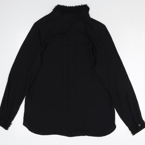 Wallis Womens Black Polyester Basic Button-Up Size 8 Collared - Embellished Neckline