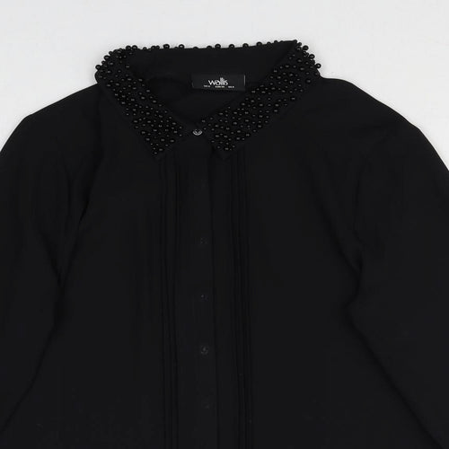 Wallis Womens Black Polyester Basic Button-Up Size 8 Collared - Embellished Neckline