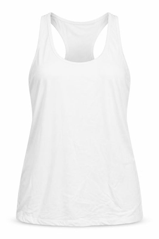 Front view of Preworn women’s white polyester basic tank, size L, scoop neck pullover - racerback