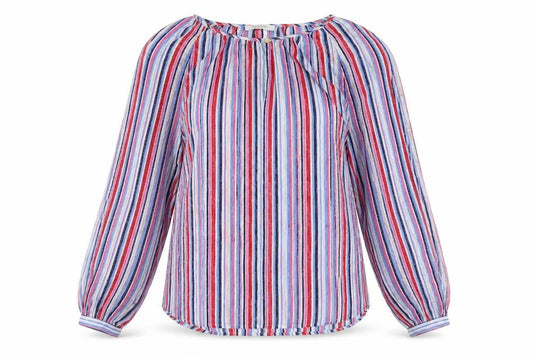 Front view of Classics women’s multicoloured striped polyester basic blouse, size UK 12, boat neck