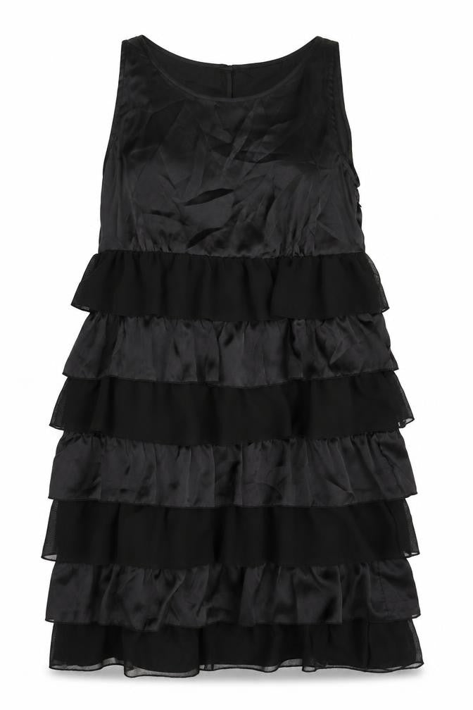 Front view of Dorothy Perkins women’s black polyester a-line, size UK 14, scoop neck button