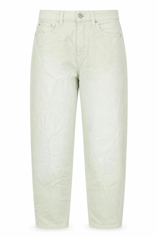 Front view of Marks & Spencer women’s green cotton boyfriend jeans, size UK 8, regular zip