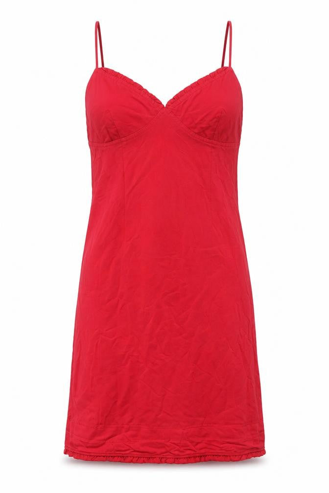 Front view of Debenhams women’s red polyester a-line, size UK 12, sweetheart zip