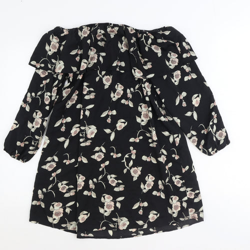 Glamorous Womens Black Floral Polyester Basic Blouse Size XS Boat Neck