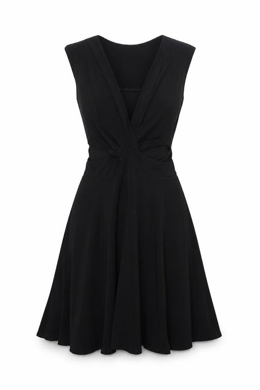 Front view of women’s black polyester a-line, size UK 8, v-neck pullover