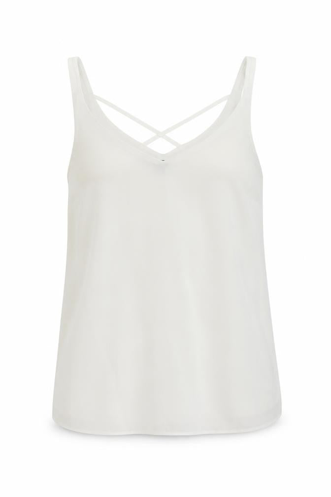 Front view of Dorothy Perkins women’s white viscose basic tank, size UK 10, v-neck