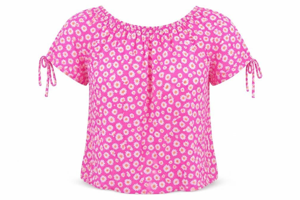 Front view of Moda women’s pink floral cotton basic blouse, size UK 6, round neck