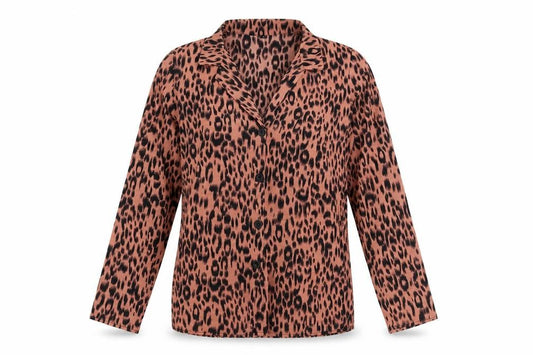 Front view of Preworn women’s brown animal print polyester basic button-up, size L, collared - leopard print