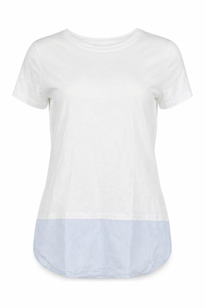 Front view of H&M women’s white striped 100% cotton basic t-shirt, size XS, scoop neck