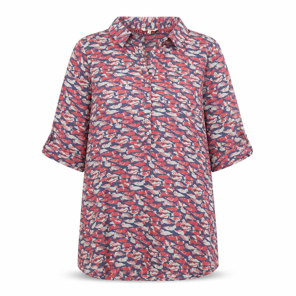 Front view of Preworn women’s pink geometric cotton tunic button-up, size UK 10, collared