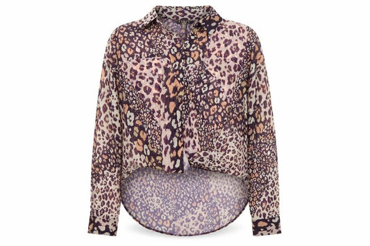 Front view of Lipsy women’s multicoloured animal print polyester basic button-up, size UK 10, collared - leopard print