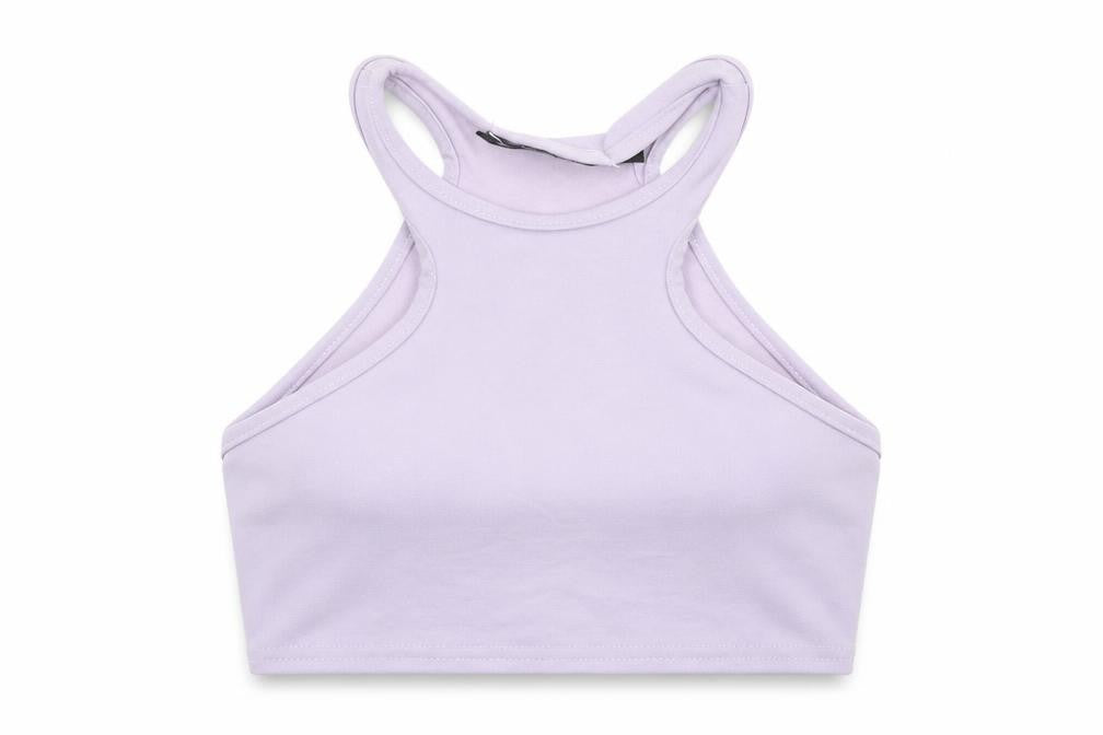 Front view of PRETTYLITTLETHING women’s purple polyester cropped tank, size UK 8, v-neck