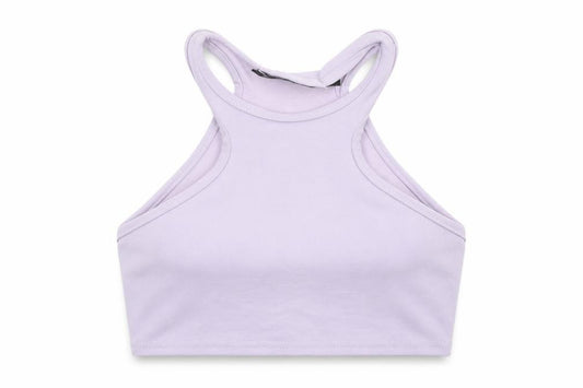 Front view of PRETTYLITTLETHING women’s purple polyester cropped tank, size UK 8, v-neck