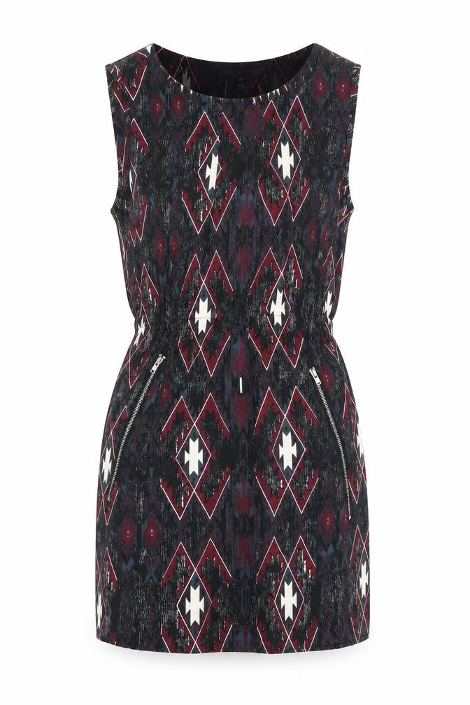 Front view of Mela London women’s red geometric polyester mini, size UK 8, boat neck pullover